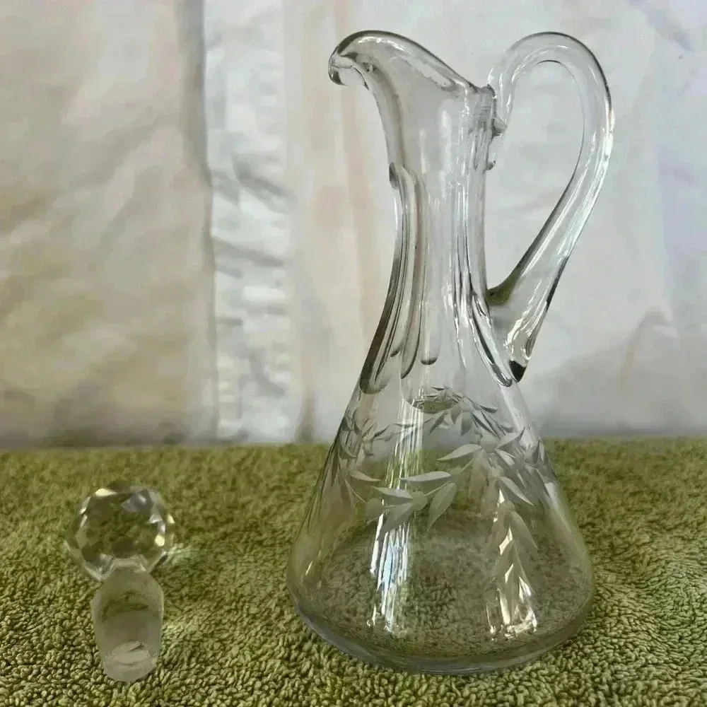 Oil Cruet Decanter w/ Stopper Cut Glass Crystal Etched Floral‎ 7”